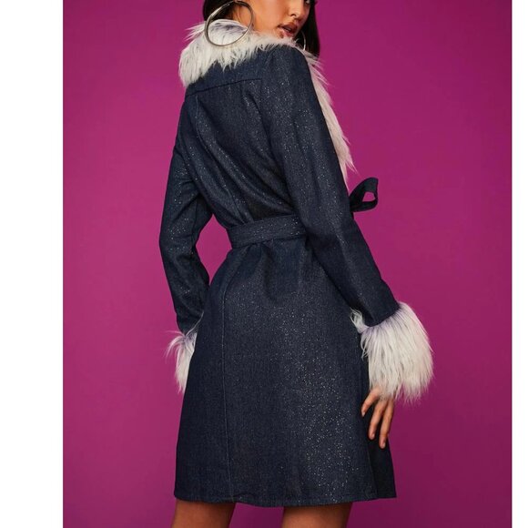 💋GORG!💋LIMITED EDITION FAUX MONGOLIAN FUR COLLAR GLITTERY DENIM AFGHAN COAT - Picture 14 of 16